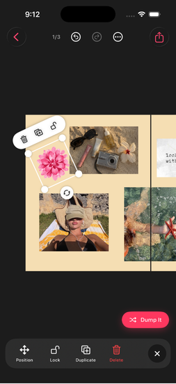 Freeform canvas editor in DUMP with layered photos, stickers and text