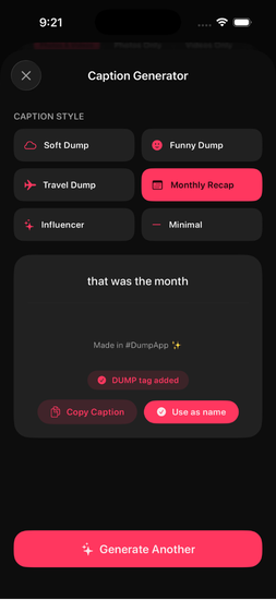 Caption generator in DUMP producing an Instagram caption for a photo dump
