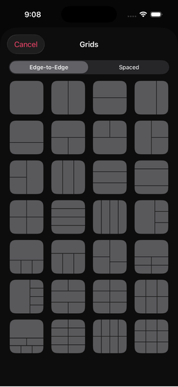 Grid layout editor in DUMP with adjustable spacing between photos