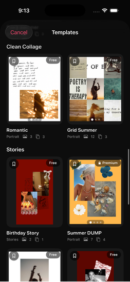 Template browser in DUMP showing ready-made carousel layouts